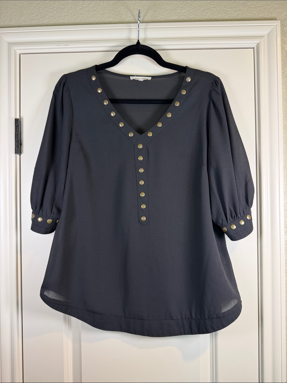 41 Hawthorn Sheer Black V-Neck Blouse with Gold Stud Accents